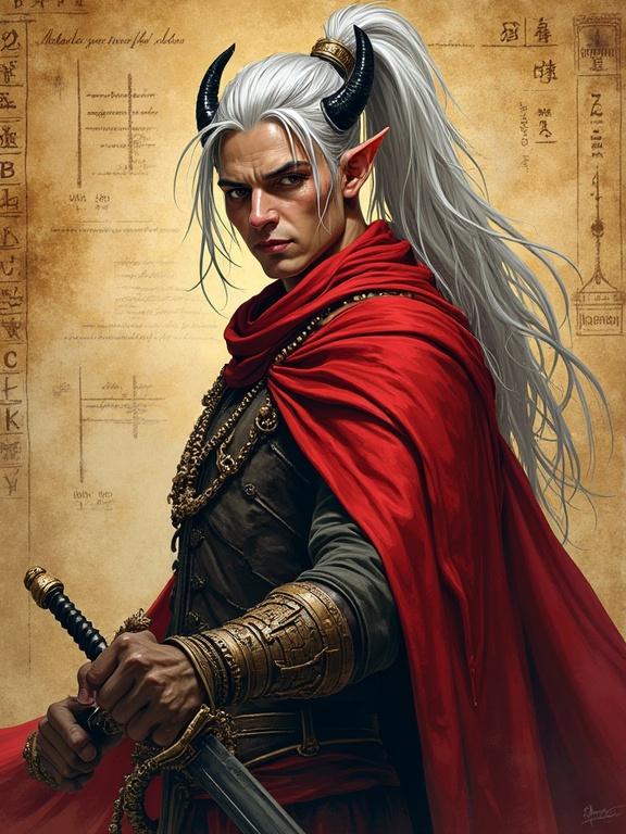 Comic book style digital illustration featuring a tiefling man with ash-olive skin and amber eyes. He has long silver hair tied in a high ponytail and sleek black horns. Two thin scars cross his cheekbones. A blood-red cloak drapes over chainmail. He holds a long sword and shield. The background features old papyrus with painted mystic runes. Soft warm lighting creates dramatic shadows. The composition is realistic with detailed textures.