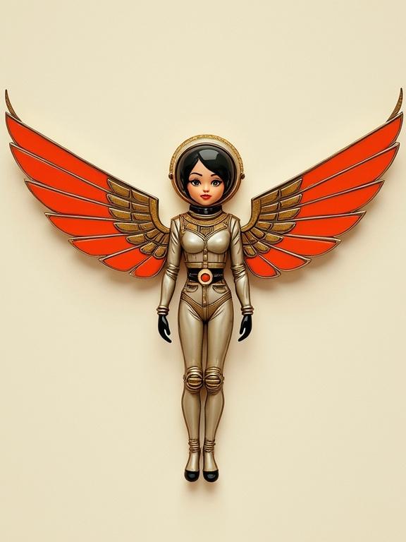Auction catalog photo of a vintage retro-future military space pilot with wings. The background is plain. The pilot has a bubble helmet and space suit. The design is streamlined and has geometric horizontal wings. The colors are mostly gold, onyx, and coral. The photo is sharp and HDR.
