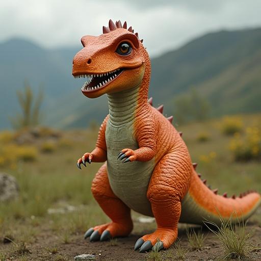 A dinosaur character wearing clothes. The dinosaur has an orange color with a friendly expression. It stands in a natural outdoor setting. The background features blurred mountains and greenery.