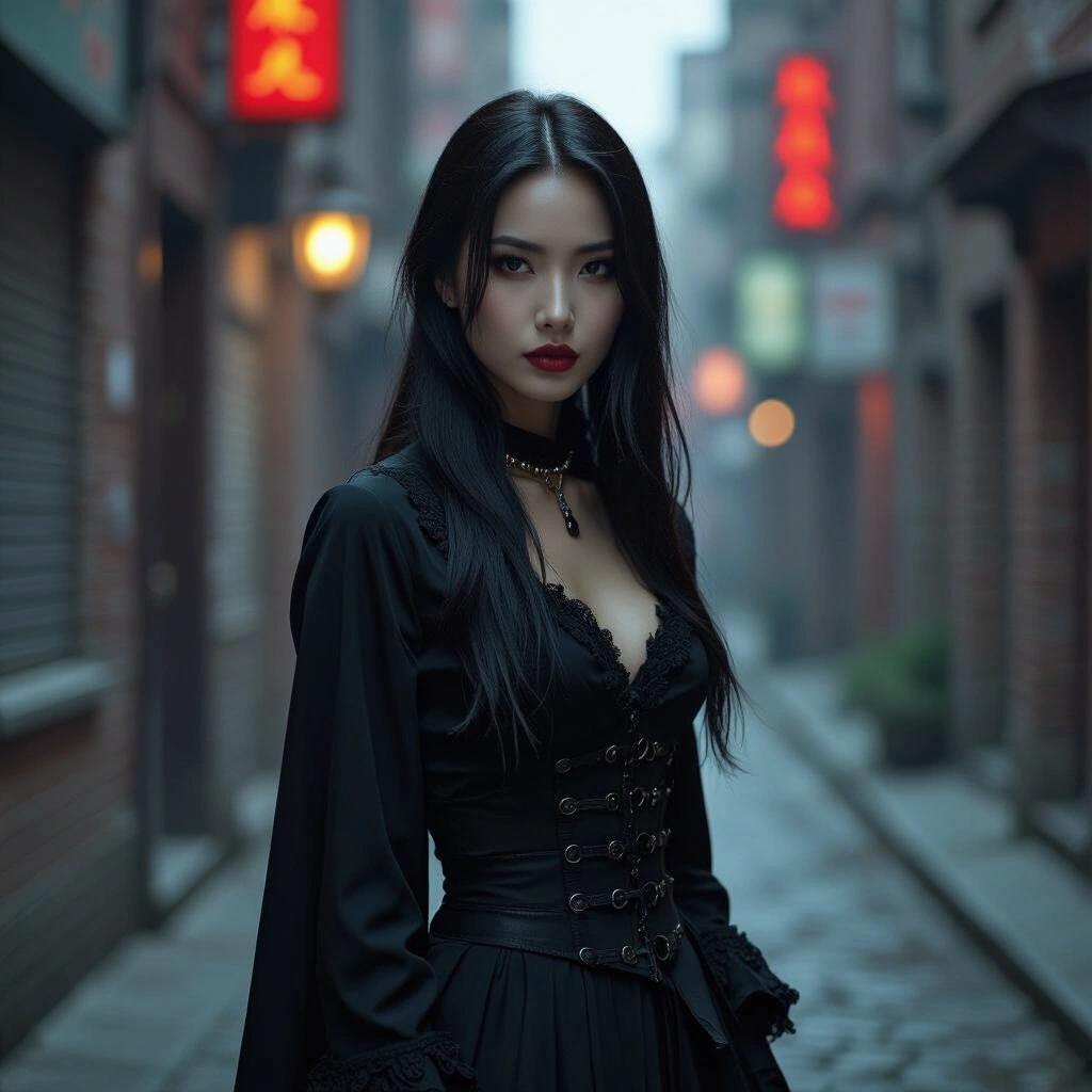 Raw photo depicting a captivating gothic-themed woman. She is styled as a vampire influenced by the Underworld films. Urban alley setting is prominent. Gothic atmosphere enhances overall scene. Woman wears a dramatic gothic outfit. Dark, moody lighting gives a chilling effect.