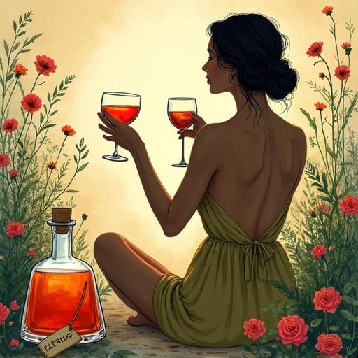 Stylized illustration of a modern Venus goddess in meditation. She toasts with glasses of herbal liqueur. Surrounded by wildflowers. Prominent apothecary bottle labeled 'ALFRUNO'. Earthy tones with a warm glow. Elegant and mysterious mood.