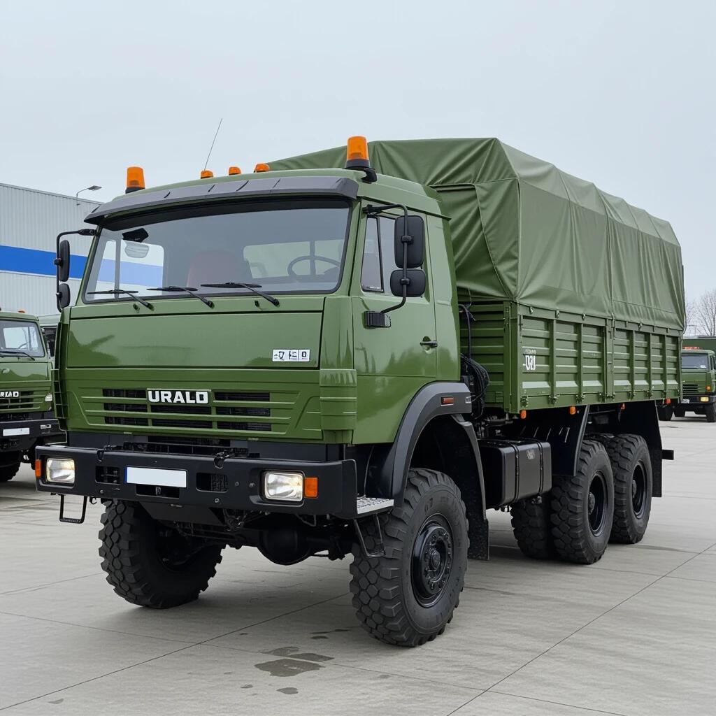 Ural 3420 truck in olive green color parked on a concrete surface. The truck has a covered cargo area. Lighting is clear and bright. Trucks are visible in the background.