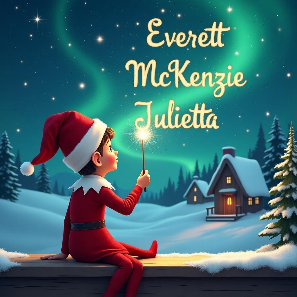 An elf sits on a wooden ledge with its back to the camera, gazing at a magical sky. The elf is dressed in a festive red outfit with a pointed hat and holds a shimmering wand. With the wand, the elf elegantly writes the names 'Everett', 'McKenzie', and 'Julietta' into the starry sky. The background features a picturesque snowy landscape with cozy little houses and evergreen trees. The scene is illuminated by the enchanting Northern Lights above, creating a whimsical atmosphere filled with childhood magic and Christmas spirit.