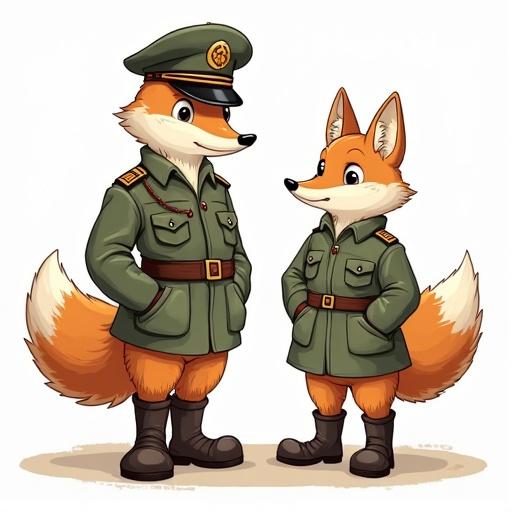 Character illustration of two foxes dressed in military outfits. One fox is larger wearing a peaked cap and full military fatigues. The other is smaller wearing a similar uniform with pockets. Both characters stand upright with a friendly demeanor and no background or context.