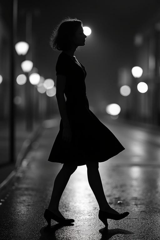 Vertical black and white photo of a woman walking at night. Low-angle side view. Vintage 1960s mid-calf dress and classic retro shoes. Streetlight reflections create highlights and shadows. Emphasized movement. Strong contrast and film grain texture.