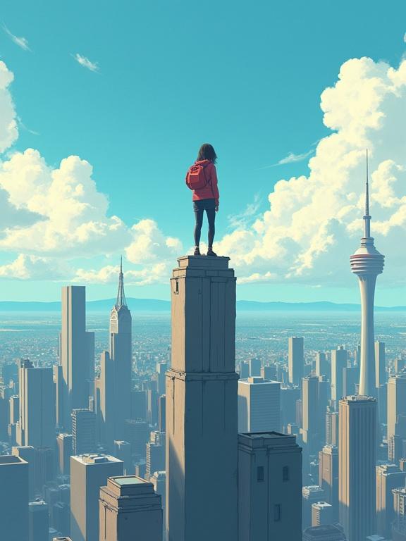 an over the shoulder view of a girl on top of a tall building looking down at the cityscape