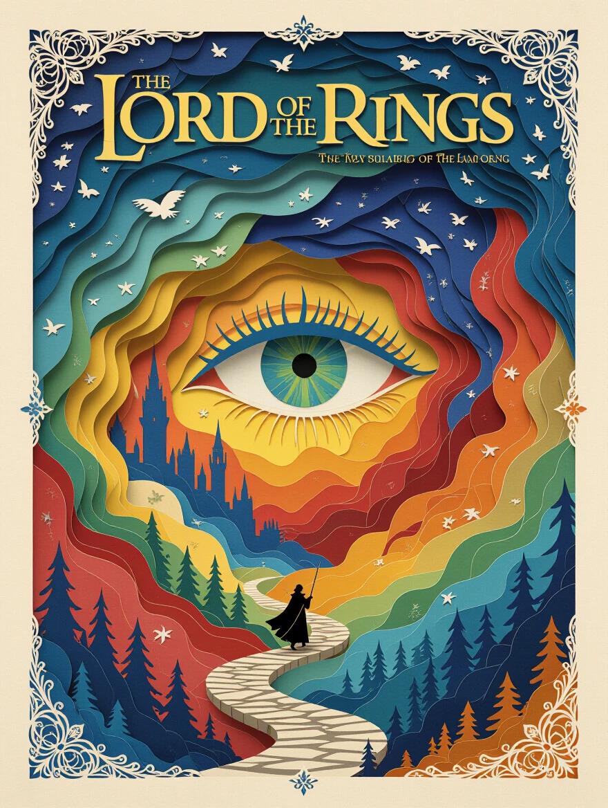 A mesmerizing paper-cut animation based on The Lord of the Rings. Artistic impressionism style. Delicate details crafted from paper in vibrant colors. Showcasing the fantasy world of Mordor. Eye of Sauron depicted. Captivating visual art immersing viewers into the story.