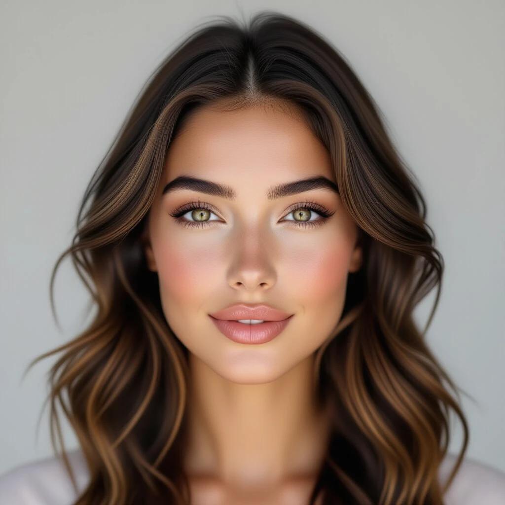 Ultra-realistic full-face portrait of a stunning 22-year-old woman with smooth rounded chin, soft jawline, glowing skin, expressive hazel eyes, full lips, elegant eyebrows, long wavy hair, captured in soft daylight, shallow depth of field, photorealistic cinematic masterpiece, no makeup.