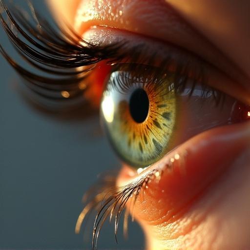 Macro photography captures intricate details of a model's eye. Natural light highlights vivid colors and textures. Close-up perspective showcases beauty of the iris and pupil.