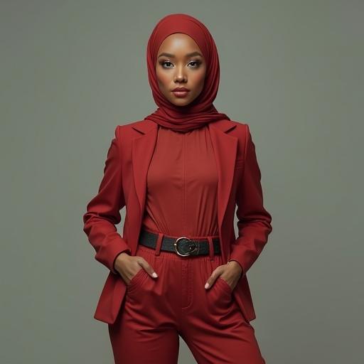 Generate an image of a short, chic woman wearing a red hijab and pantsuit in a neutral backdrop. Capture a confident expression and stylish pose.