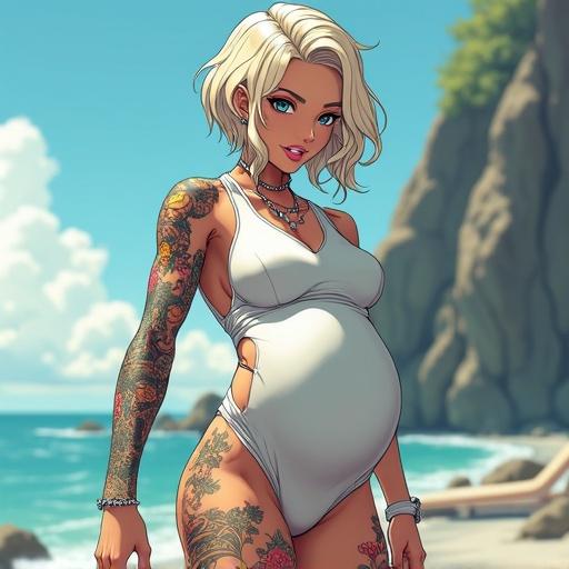 A pregnant woman stands on a beach. She has short light blonde wavy hair and frosted blue eyes. She wears a modern elegant hip hop bodysuit. Colorful Japanese tattoos cover her arms. She looks confident in a luxurious summer setting. She embodies a mix of cultures and styles.