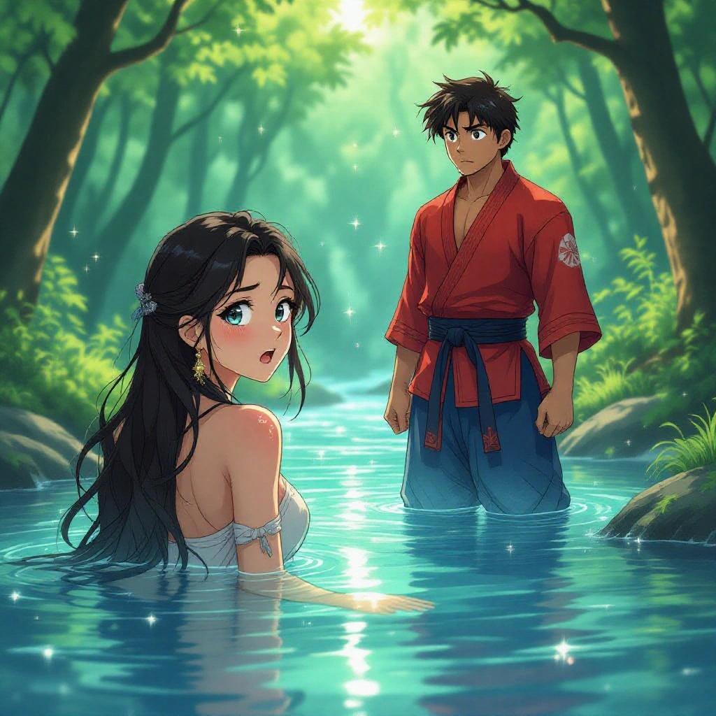 Anime-style scene in a magical forest. Young woman with long dark hair bathing in a glowing river. Seen from behind, partially submerged in water. Looks back over her shoulder, blushing, shouting in alarm. Water sparkles around her, mist floats above. Young Dominican man in red martial arts gi in background, shocked expression. Forest glows with morning light. Full color, manhwa style, cinematic fantasy lighting.