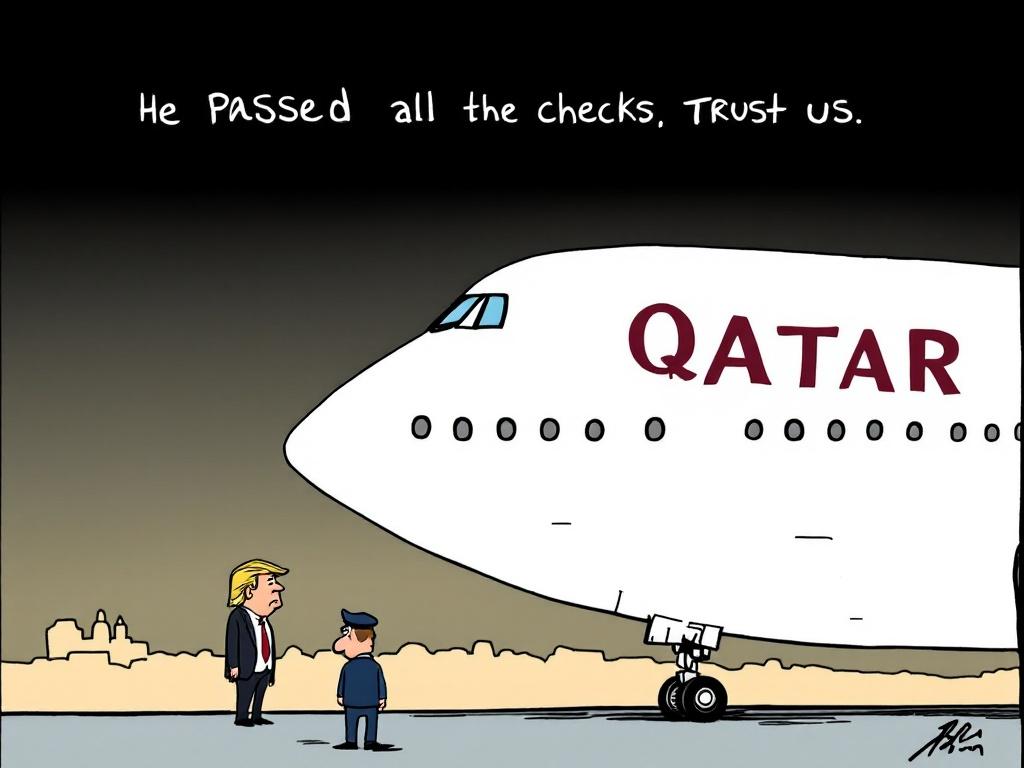 A satirical cartoon depicts a man resembling Donald Trump in a 747 cockpit labeled Qatar. He appears proud while a customs officer stands below confused. The caption states he passed all the checks. Trust us.