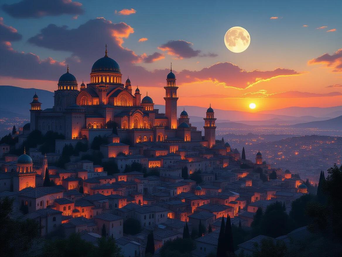 Cinematic fantasy city at sunset with sprawling medieval town built into hills. Intricate domes and towers illuminate under warm orange and cool cyan tones. Ethereal atmosphere with glowing windows and a double moon in the clear sky. Layered architecture visible against the twilight.
