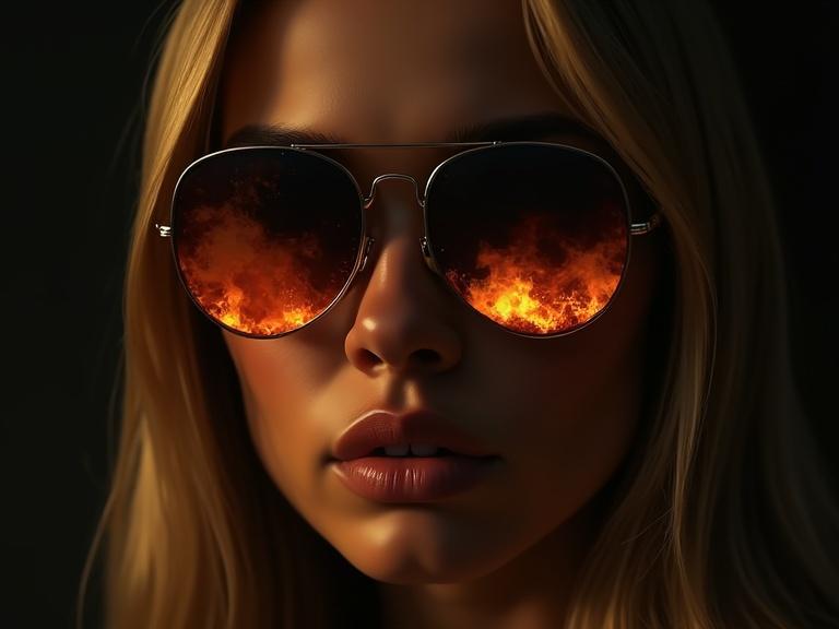 Portrait of a blonde woman in a dimly lit environment. She wears aviator sunglasses that reflect a raging fire. The setting evokes themes of power and secrecy. Her expression appears neutral and unreadable. The background is dark and isolates her, enhancing focus on her features and the flames in the glasses.