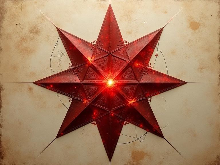 Mesmerizing semi-abstract representation of otherworldly power featuring an eight-pointed star. Radiates mystical energy with polished crimson surfaces against a timeworn background. Incorporates ancient symbols and futuristic patterns.