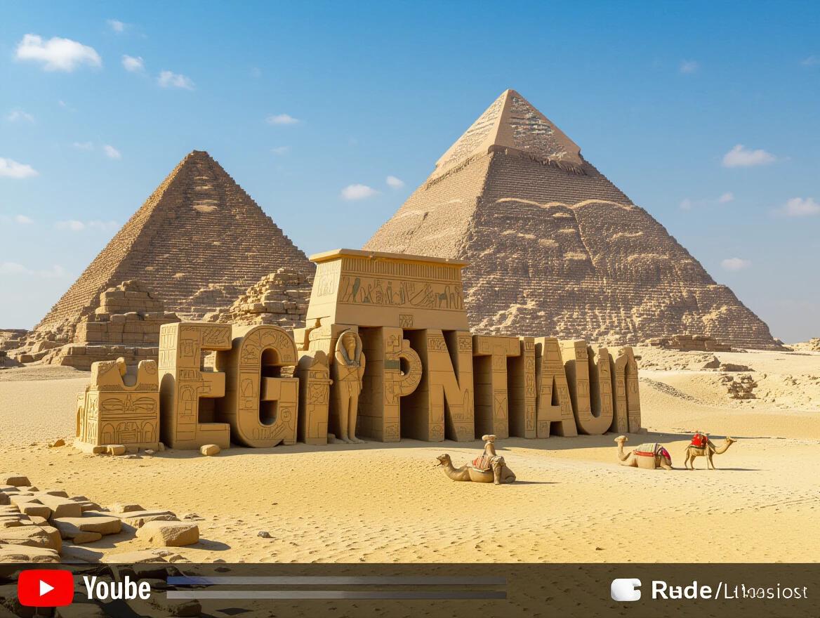 Miniature for YouTube featuring the text 'Ancient Egypt' in front of pyramids. Illustration includes camels in the foreground. Clear sky above. Text integrated creatively with the pyramids.