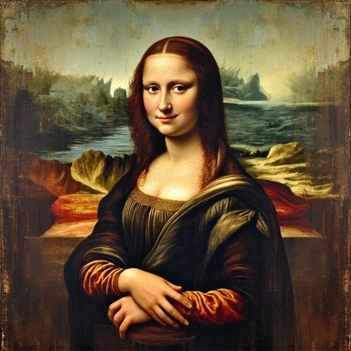 A famous portrait featuring a woman with a serene expression sitting against a landscape background. She has long, dark hair and a subtle smile. The painting has an earthy color palette and soft, natural lighting.
