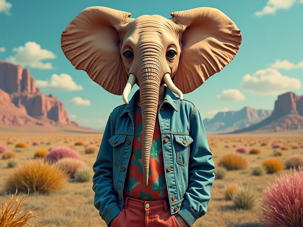 A surreal image featuring an anthropomorphic figure with an elephant's head wearing a denim jacket and a colorful shirt. The figure stands confidently in a vast, dry landscape with sparse vegetation and distant rock formations under a bright, sunny sky.