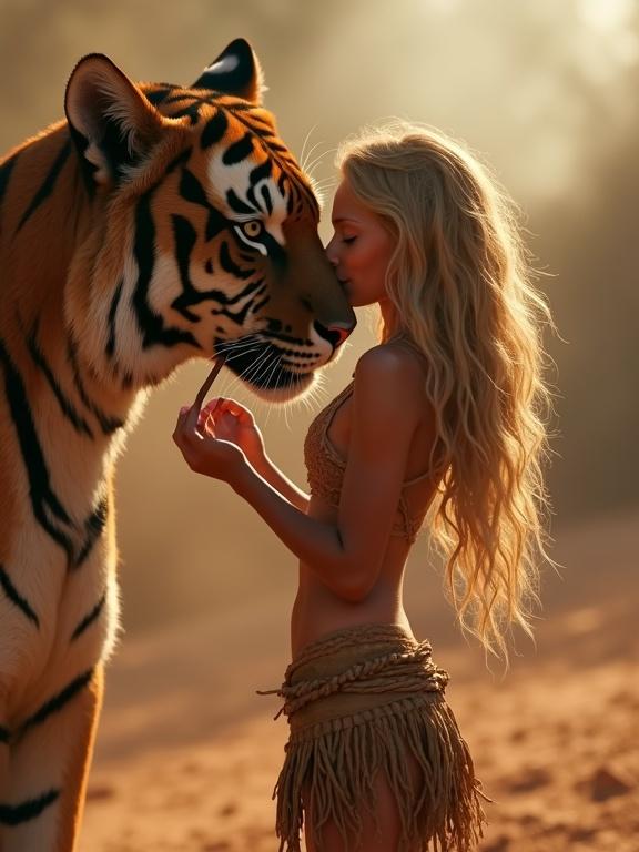Beautiful young tribal blonde woman in tattered loincloth standing on a road. Big friendly tiger healing her stomach wound with tongue. Close-up focus with cinematic lighting and warm tones.