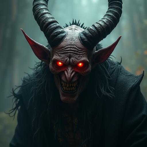A grotesque demon with sharp horns and glowing red eyes appears in a hellish setting. The atmosphere is dark and eerie.