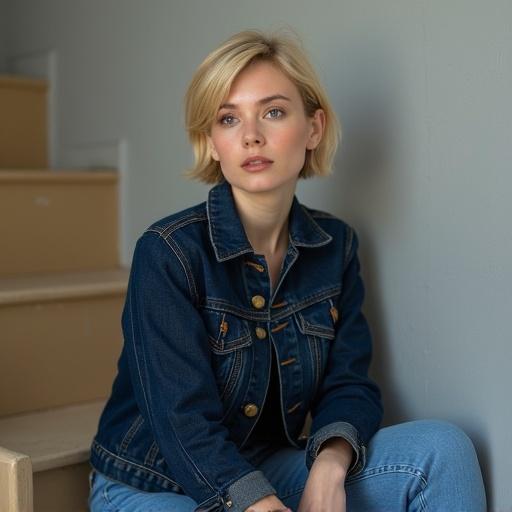 A woman sits on steps. She wears a dark blue denim jacket and light blue jeans. Hair is short and blonde. Hands rest on knees. She looks straight ahead. Steps are beige. Lighting is soft. Textured wall is light gray. Jawline is sharp. Eyes convey firmness and tenderness. Lighting enhances clothing and facial features.