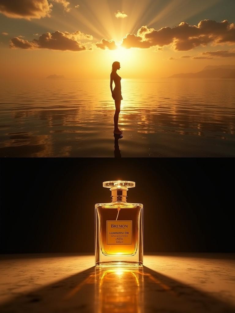 Two scenes showcasing luxury and elegance. First scene shows golden light rays above calm water with a feminine silhouette. Second scene features a close-up of a glass perfume bottle on marble. Text highlights luxury essence.