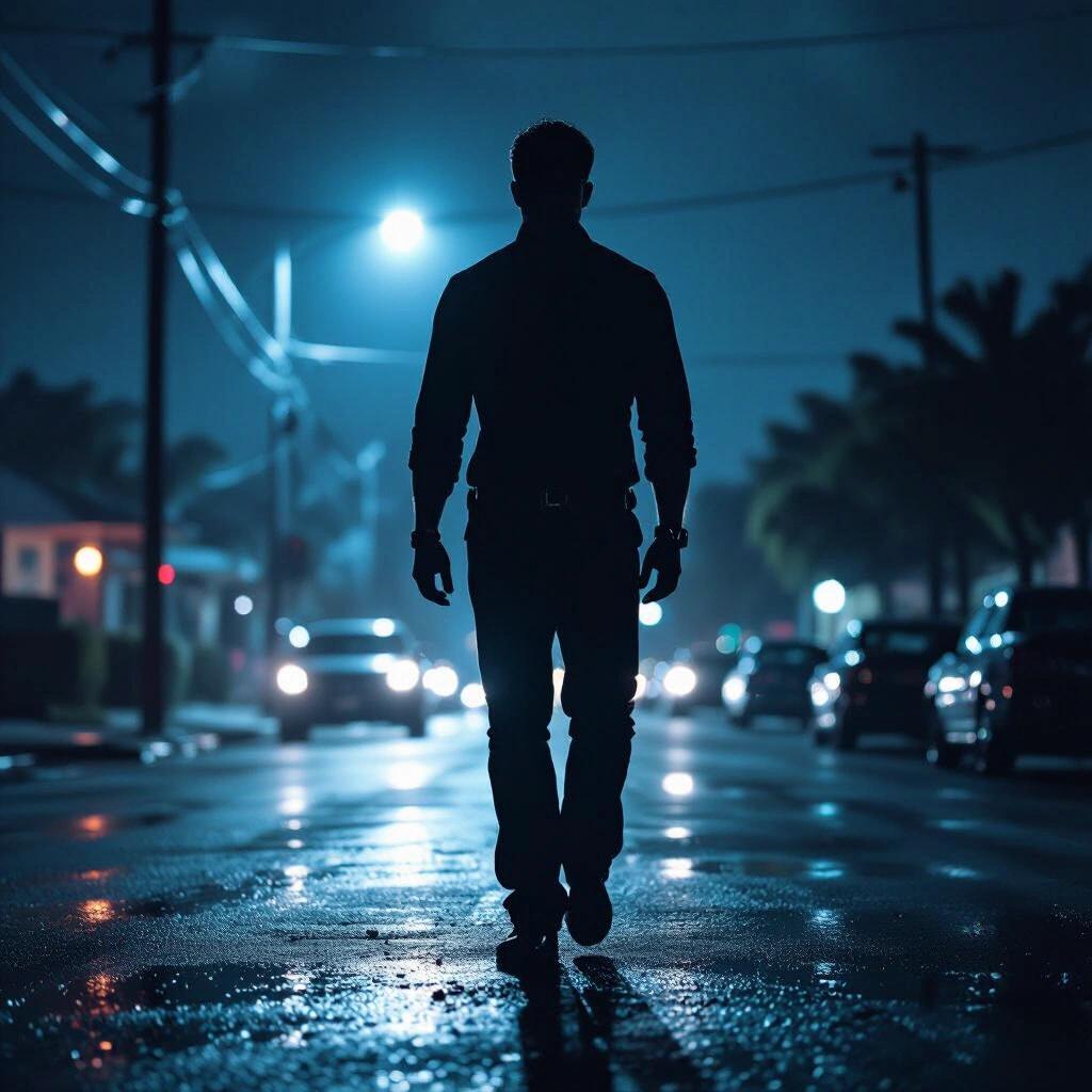 Dark silhouette of a man in a Miami street at night. Blue street lights illuminate puddles on the ground. Text reads Dark Target. Mood evokes a sense of tension and mystery.