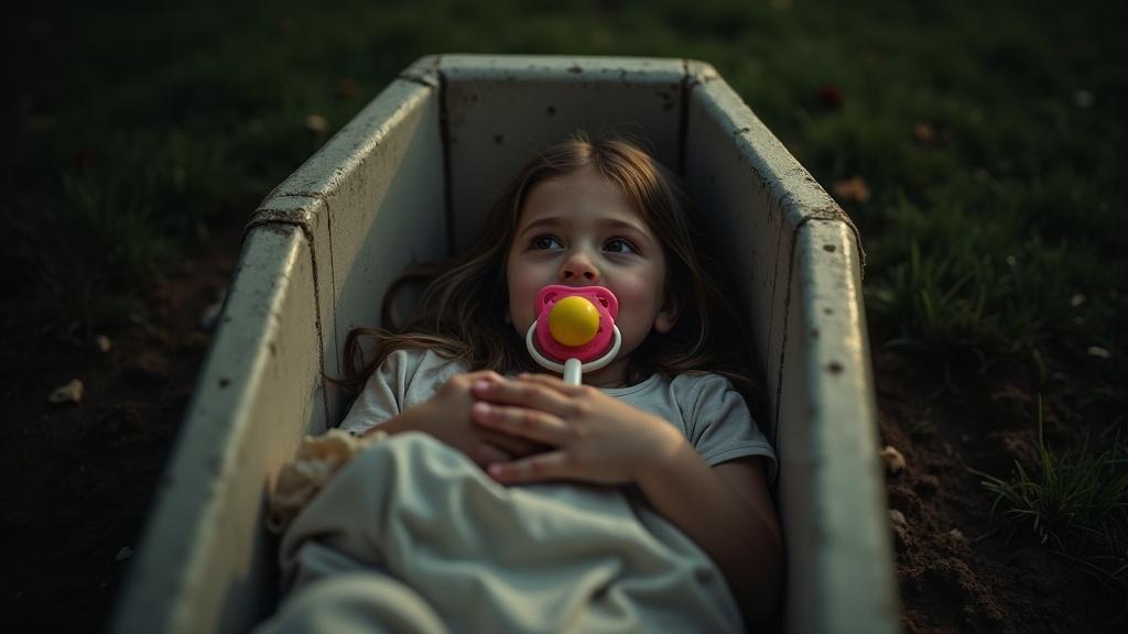 A tween girl lies in a closed casket with an oversized pacifier in her mouth. Dramatic lighting enhances the emotional intensity of the scene. The mother smiles and plays with a rattle to comfort her during their final day together. The girl expresses fear about dying. A gravestone marks her grave. Family members are attending the funeral.