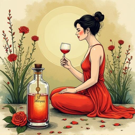 A modern Venus goddess enjoys a serene meditation session. She wears a red flowing silk dress. She holds a tasting glass of reddish herbal liqueur. The scene has soft lighting and earthy tones. The atmosphere is mysterious, surrounded by wildflowers, herbs, and roses. An apothecary-style spirit bottle labeled 'ALFRUNO' is prominently displayed.