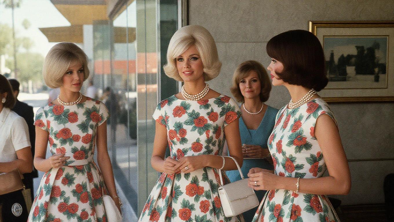 Portrait of women in 1960s fashion. Casual party dresses with floral prints are worn. The scene shows three women engaging with each other while window shopping. Accessories include pearl necklaces and white handbags. The decor highlights mid-century sophistication with soft lighting.