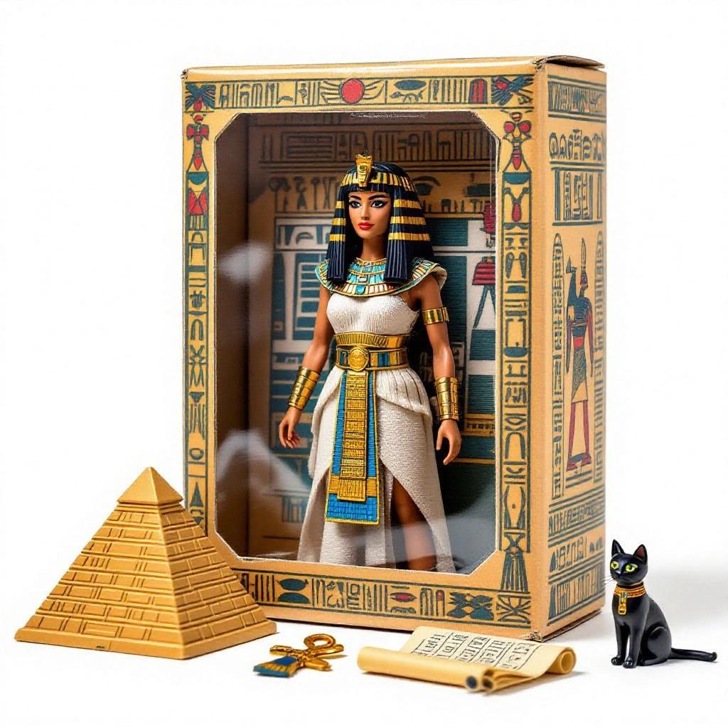 High-quality product photograph of an action figure box set featuring Cleopatra. Action figure packaged inside an ancient Egyptian-themed cardboard box with a clear front window. Figure wears traditional Egyptian garments and headdress. Includes miniature pyramid, ankh, scroll with hieroglyphs, tiny cat statue. Studio style, clean background, professional lighting.