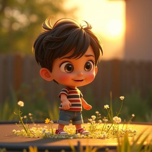 At dawn, 7-year-old boy with curly dark hair and big eyes finds wildflowers on trampoline. Boy wears striped shirt and denim shorts. Sunlight breaks over fence creating a cheerful atmosphere.