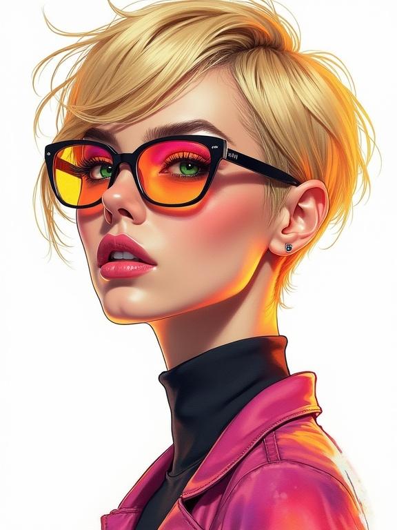 Digital art portrait of a woman. Blonde pixie hairstyle with glasses. Green eyes and chiseled features. Cyberpunk elements and warm glow. Vibrant watercolor style with a white background.