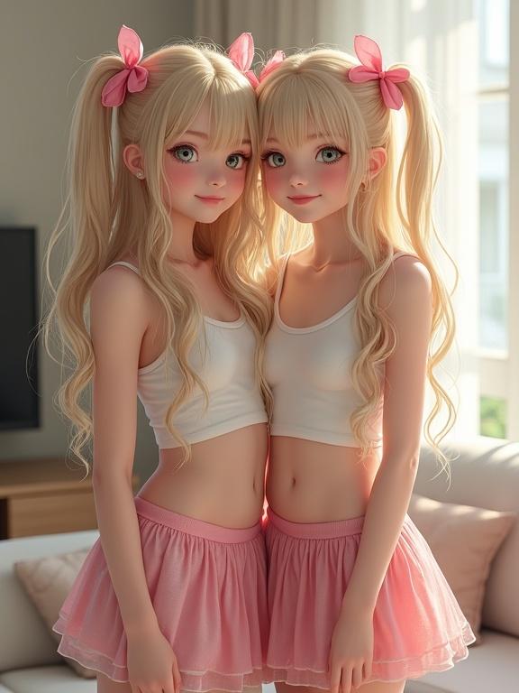 Two girls with long blonde hair and pink bows in a modern living room. They stand closely with smiles. They wear matching white tops and pink skirts. The scene is bright and cheerful with a casual vibe.
