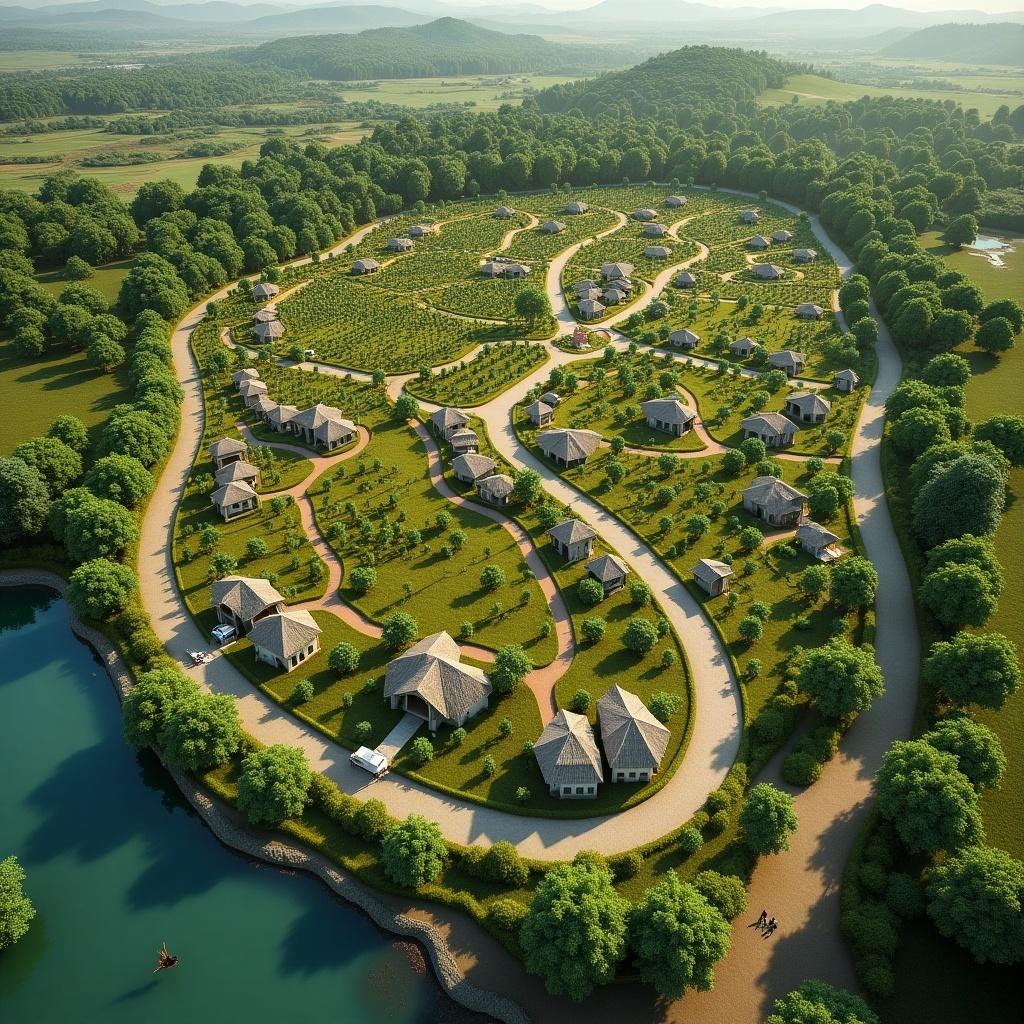 Aerial view shows a 50-acre farm model with 5000 plots varying in size under a natural landscape. Each plot is designated for planting 20 types of exotic fruits. Amenities include a Buddha statue, a clubhouse, swimming pool, and a boat lake.