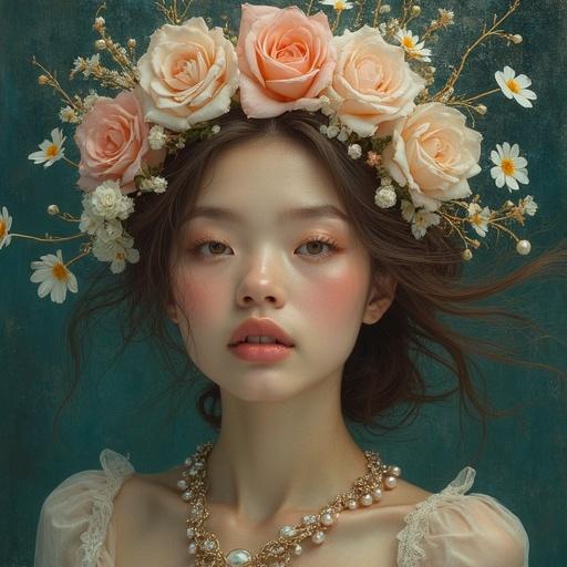 Portrait of a young woman with a floral crown featuring pink roses and small white flowers. She wears a pearl necklace. The setting conveys an ethereal and romantic atmosphere. The model has a soft, natural appearance with light makeup and flowing hair.