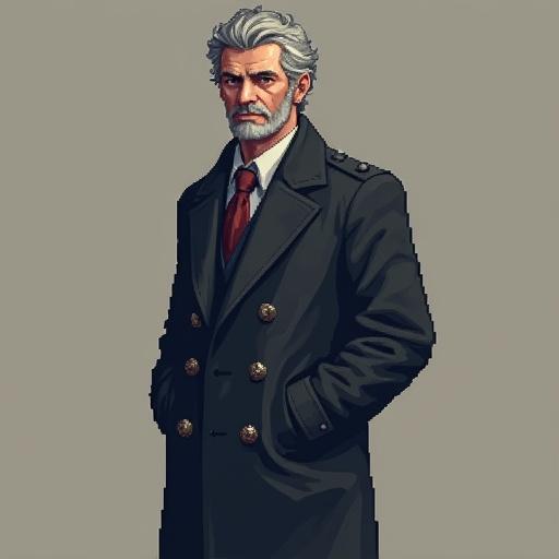Pixel art representation of a middle aged male character wearing a long coat. Character has grey hair and a serious expression. The coat features double-breasted buttons.