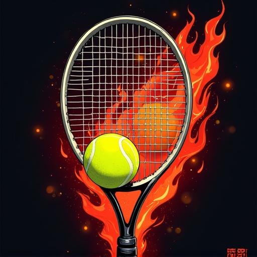 Image design featuring a tennis racket and a yellow tennis ball in the center with red flames blazing in the background. Suitable for a T-shirt design.