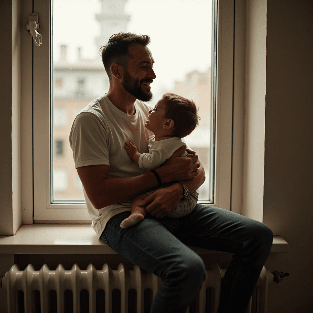 A smiling man sits by a window holding a joyful baby, with soft natural light illuminating the cozy scene.