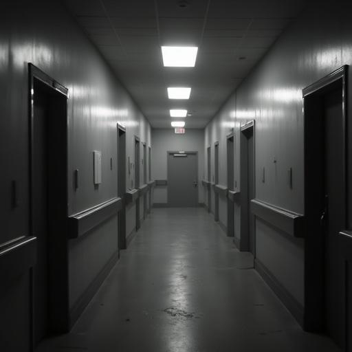 Scene depicting a hospital corridor with a gloomy atmosphere. The hallway is captured from a wide angle, showing two doors on the right and double doors on both the left and front. The environment is clean yet eerie. Dim lights add to the unsettling feel. Surveillance camera effect is present, with gray tones and minor interference. Dust is visible in the air. Nighttime ambiance enhances the horror aspect.