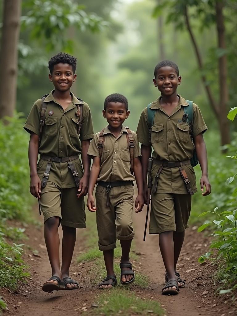 Three brothers aged 12, 5, and 3 walk along a forest path. They wear matching khaki outfits. They show excitement on their way back from a jungle adventure.