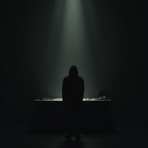 Human figure stands silently in front of a desk. Dark background with an eerie ambiance. Minimalist design with unsettling vibes.