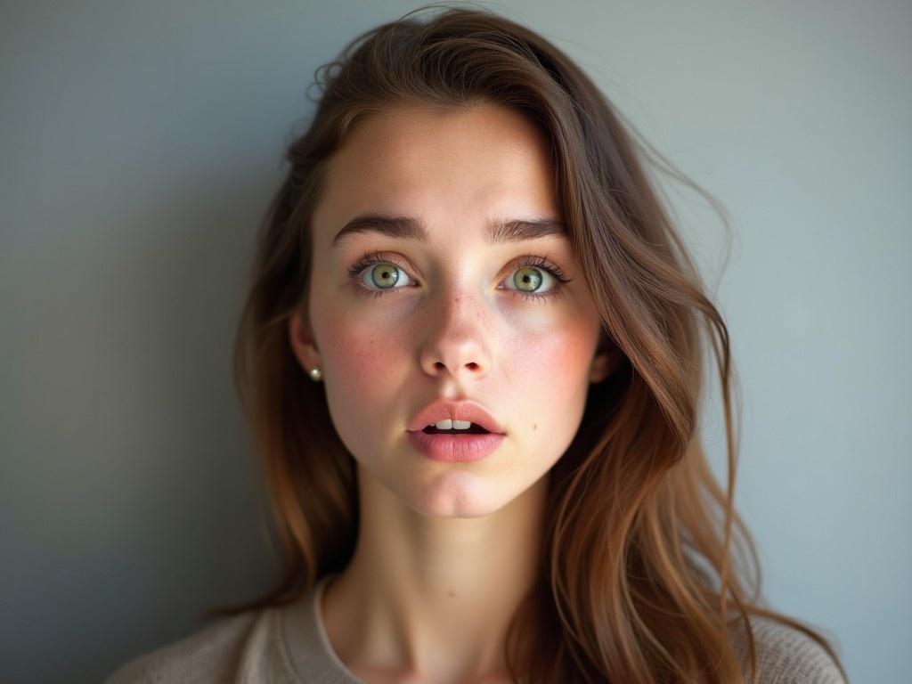 This image captures a portrait of a young woman with long brown hair and striking green eyes. She appears surprised, with her lips slightly parted. The neutral grey background offers a soft contrast to her facial features, enhancing her youthful glow. Her cheeks show a hint of flush, contributing to her natural beauty. The lighting is soft and even, accentuating her features. This portrait can be used in various contexts such as beauty, fashion, and emotional expression.