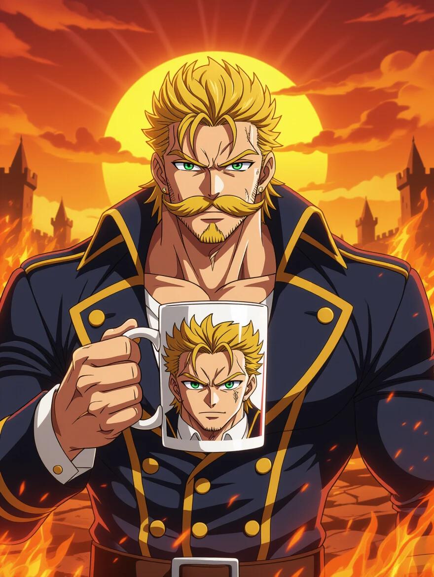 Realistic Escanor character from anime Deadly Seven Sins. Powerful male character with muscular build. Golden mustache and confident expression. Holds a white mug with his own face. Background has a burning battlefield under a blazing sun. Portrait orientation 3:4.