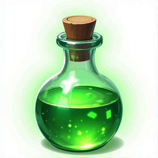 Icon of a green magic potion in a glass bottle on a transparent background. Style inspired by World of Warcraft.