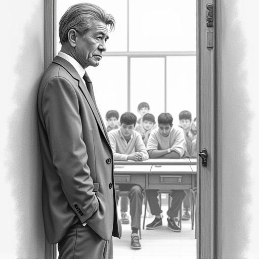 Detailed hyper-realistic pencil sketch of Nani at a classroom doorway observing students. He has salt-and-pepper hair neatly combed back. The image is composed with Nani at the left edge. Students appear blurred in the background. The camera angle captures Nani in medium shot from a slightly low angle. The lighting creates chiaroscuro effects. The texture features smooth shading and detail in Nani’s attire. The image is monochrome and high contrast.