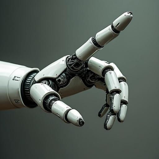 Close-up of a robotic hand. The hand is white with black accents. It's making a pointing gesture. The background is neutral and enhances the visibility of the hand.