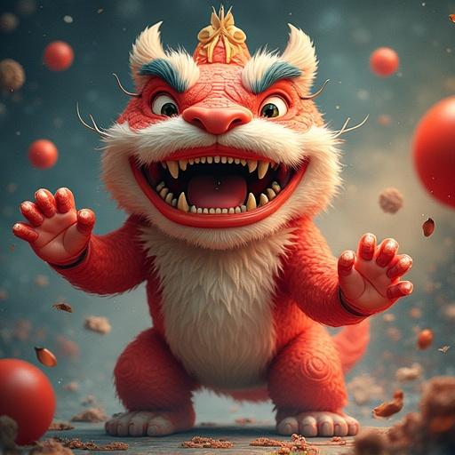 A colorful dragon character with a big smile. The dragon has vivid fur, large expressive eyes, and prominent features. It appears joyful in a playful setting.