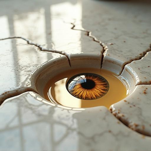 A marble floor is cracking. Liquid gold drips from beneath. A puddle takes the shape of a human eye. Surreal concept art with soft light reflections.